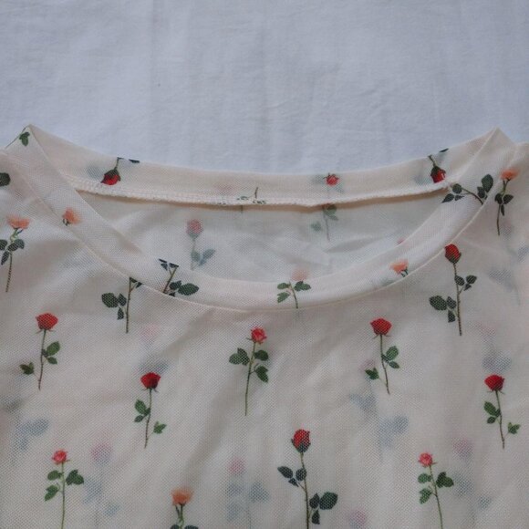 Fover Cute Sheer Crew Neck Cut & Sew Top Floral Print Size M - Picture 3 of 7